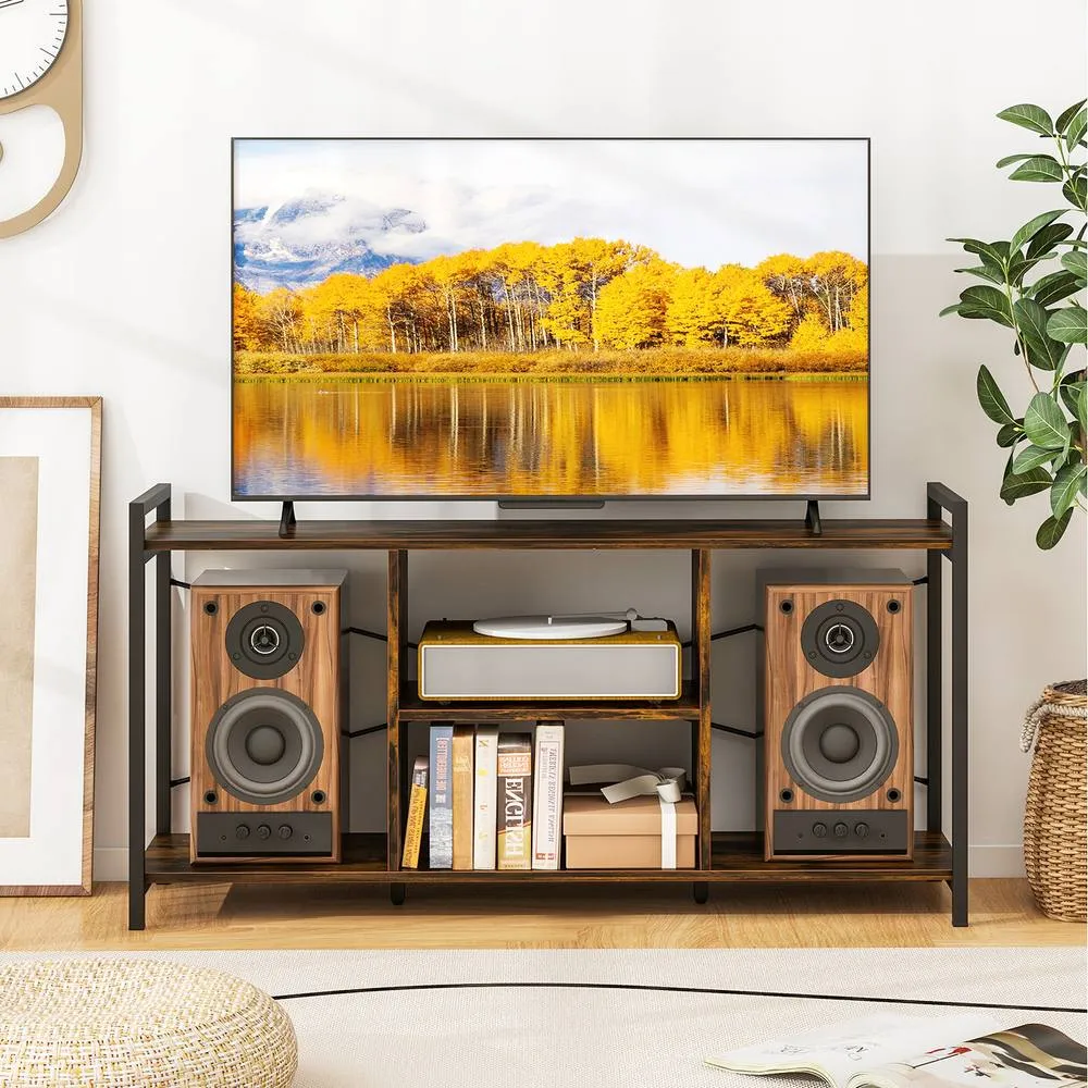 Costway TV Stand for 55" TVs Industrial Entertainment Center w/4 Shelves-Brown in Brown 6
