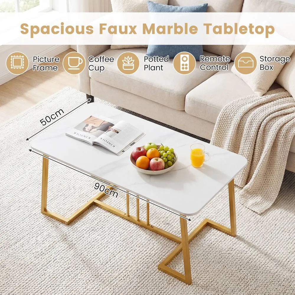 Costway Coffee Table 90 cm Faux Marble Rectangular Center Table White & Gold 4