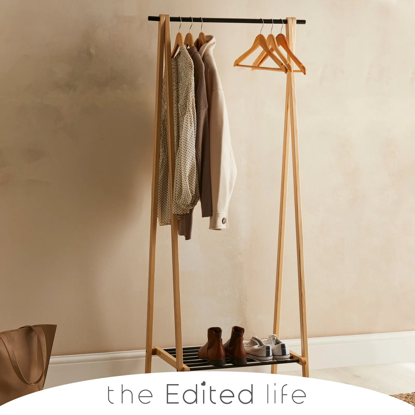 Ash Wood Clothes Rail with Storage Shelf Natural (Brown)