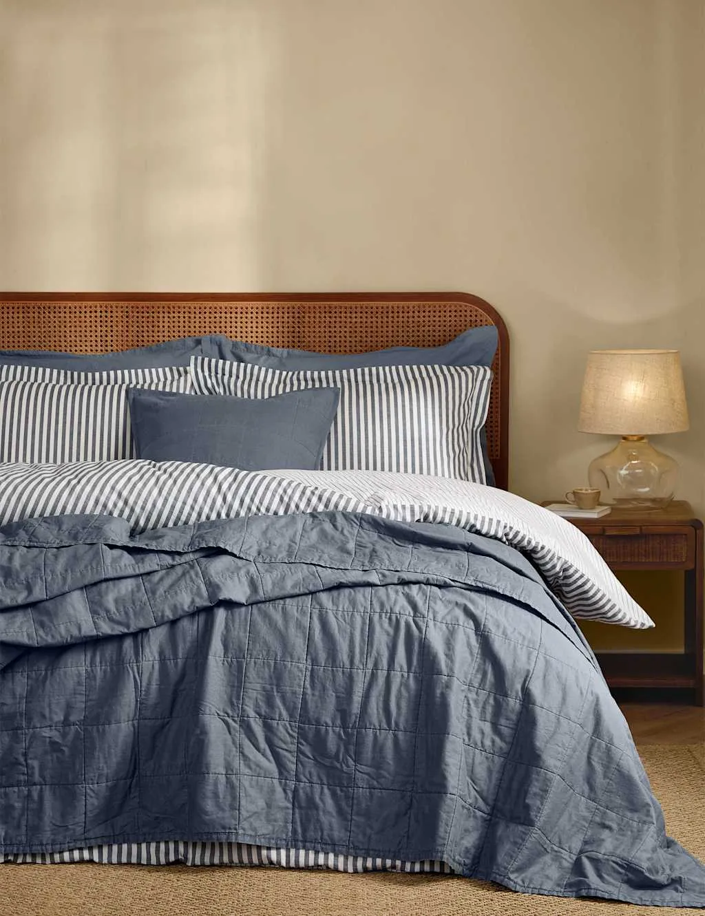 YARD Hebden Washed Cotton Quilted Bedspread Dark Blue Denim