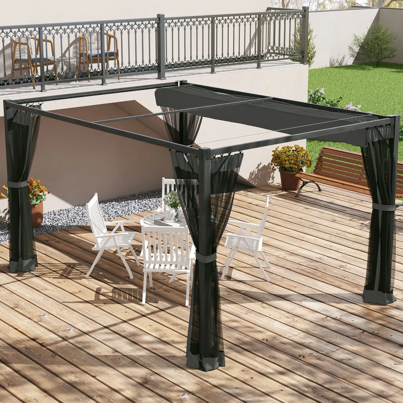 OUTSUNNY Pergola with Retractable Roof & Netting, Dark Grey