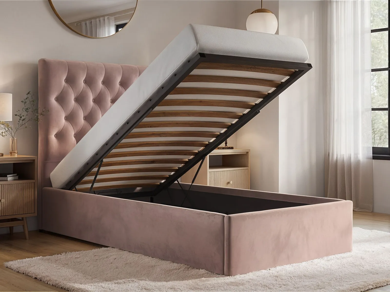 Flair Milan Velvet Single Ottoman Bed in Pink 2