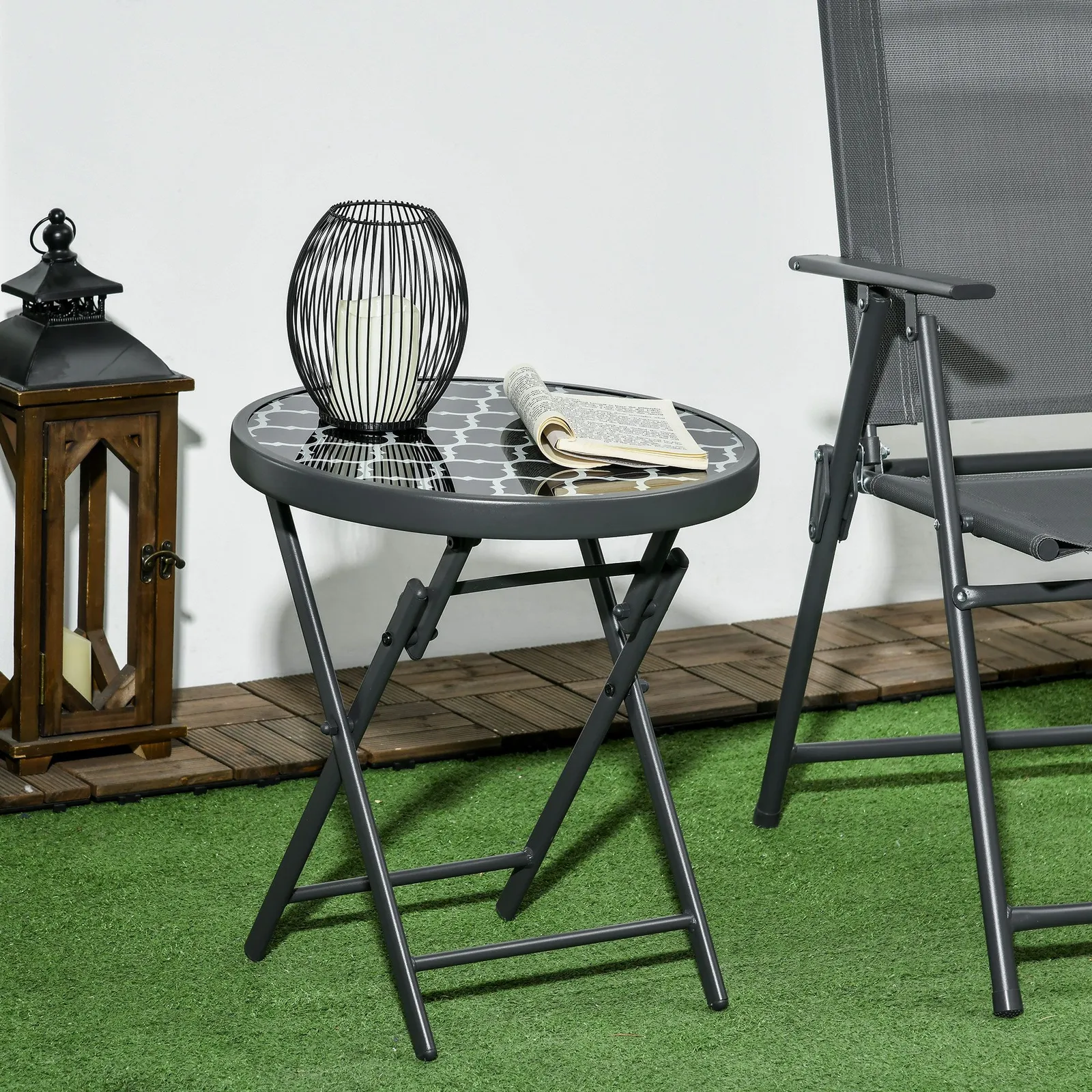 OUTSUNNY Round Folding Side Table w/ Imitation Marble Glass Top in Black