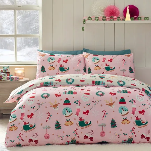 Catherine Lansfield Christmas Happy Holidays Duvet Cover & Pillowcase Set 2