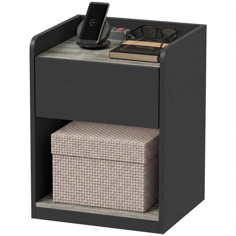 HOMCOM Bedside Table with Drawer & Open Shelf, Black & Grey Wood Effect