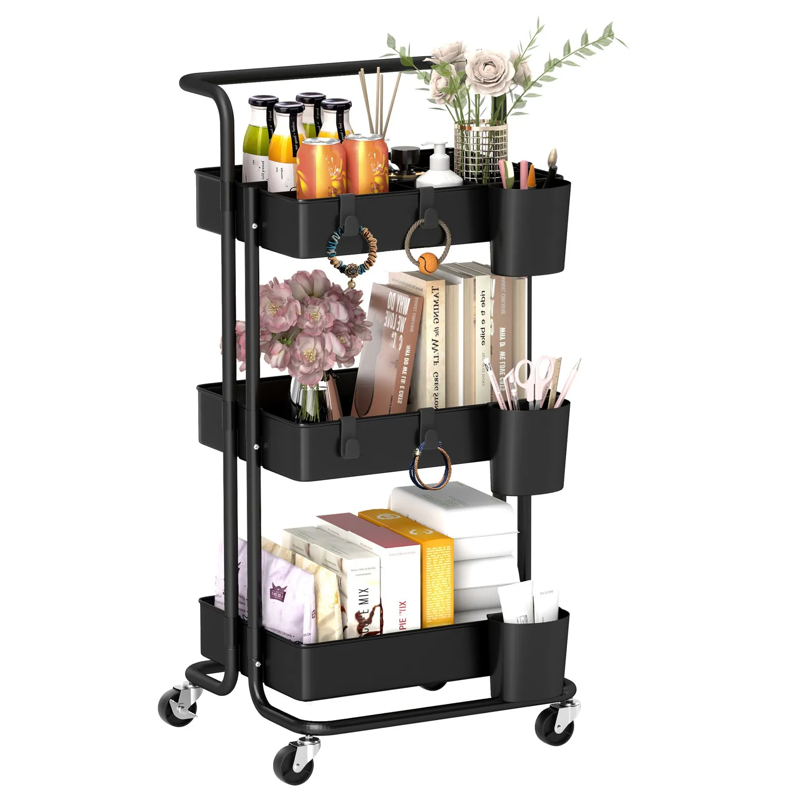 HOMCOM 3-Tier Utility Cart, Serving Trolley with Mesh Baskets Removable in Black 2