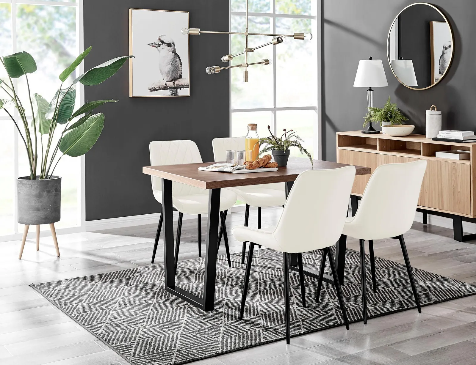 FurnitureboxUK Kylo Brown Wood Effect Dining Table With Black 'U' Legs & 4 Pesaro Velvet Chairs in Cream 1