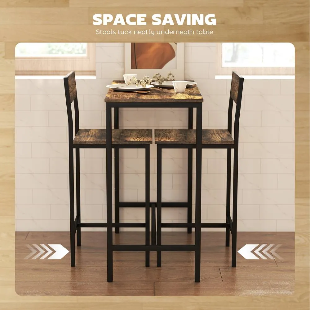 HOMCOM 3-Piece Bar Table Set with 2 Stools, Footrest in Dark Brown 6