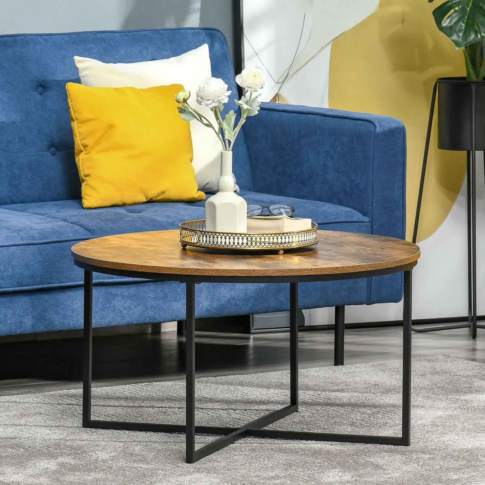 HOMCOM Coffee Table Industrial Round Side Table Metal Frame Living Room in Brown