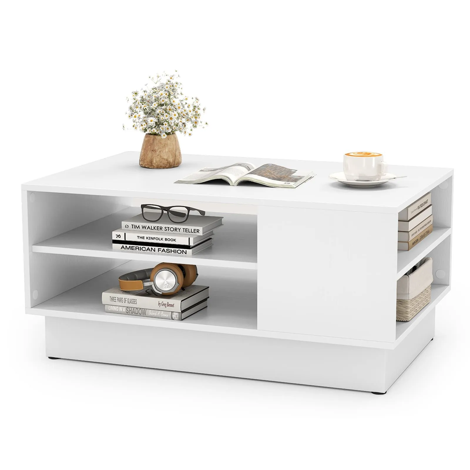Costway Modern Coffee Table 86cm Long Rectangle Center Table w/ Storage Shelves in White