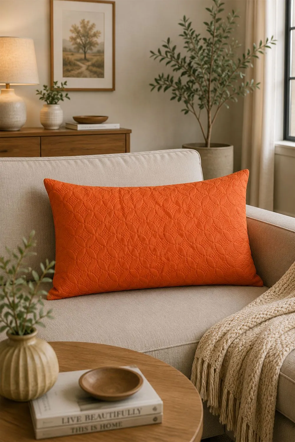 Homescapes Ultrasonic Quilted Embossed Cushion Cover in Orange 2