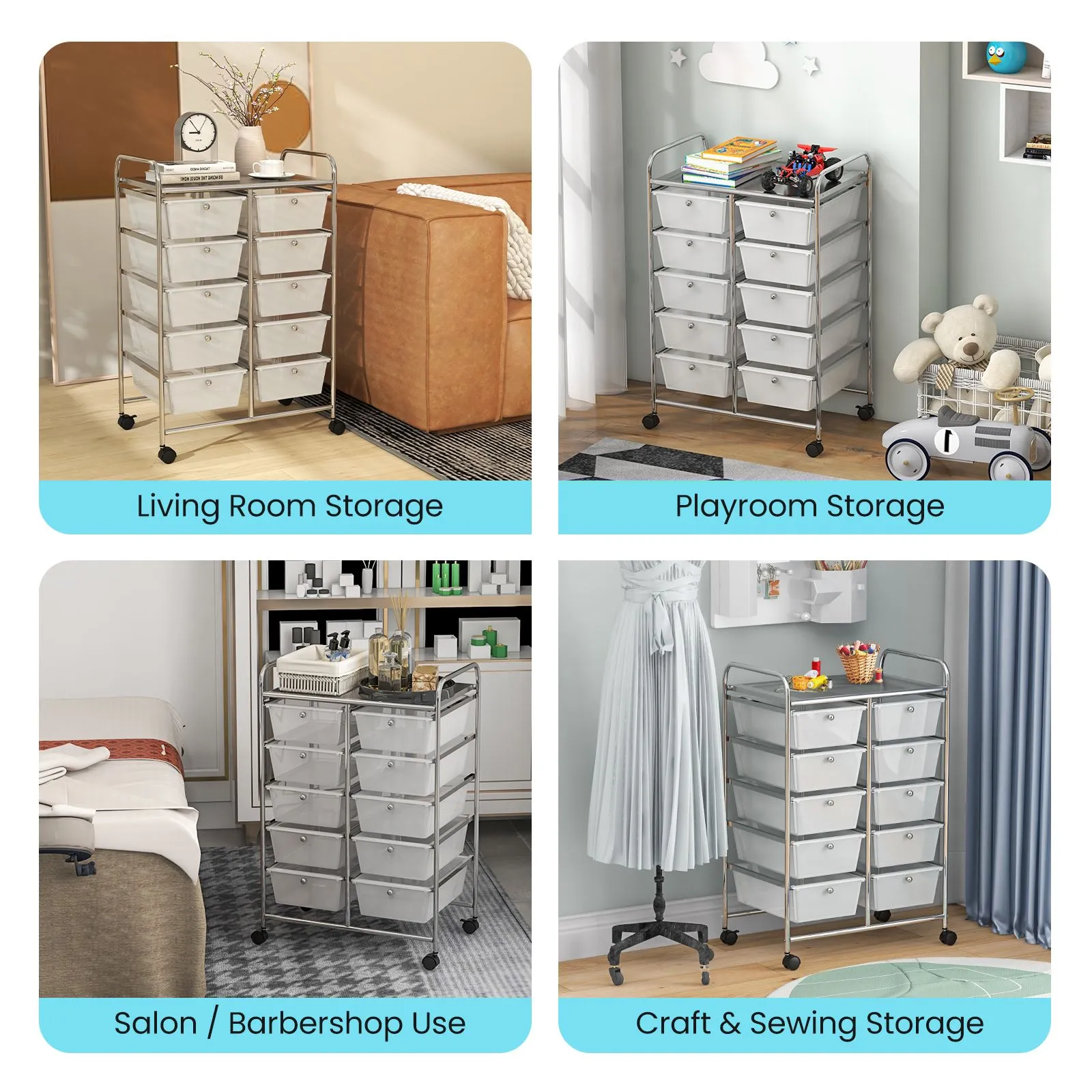 Costway 10 Drawers Storage Trolley Mobile Rolling Utility Cart Home Office Organizer in Clear 5