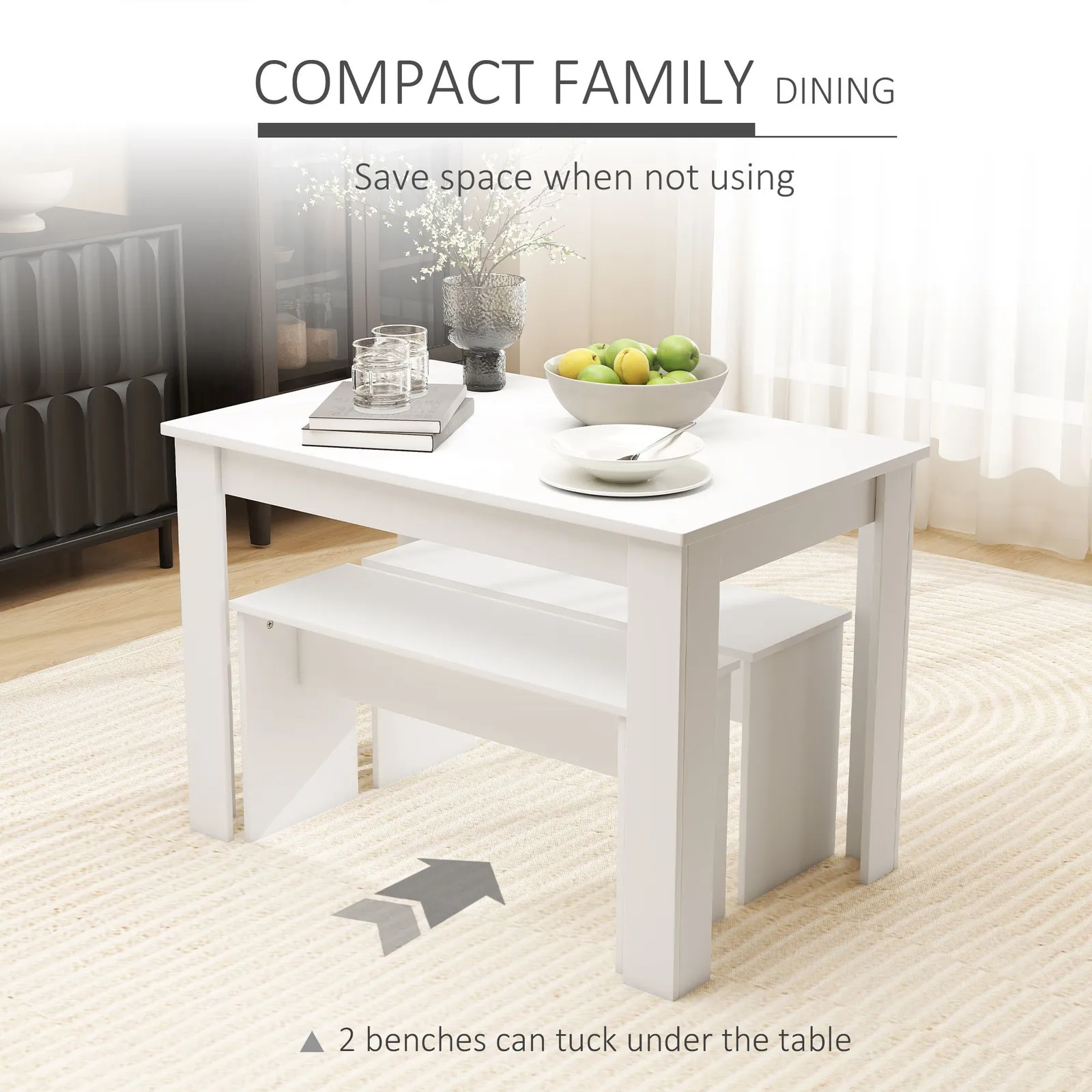 HOMCOM 3 Pcs Modern Dining Table Set Table 2 Bench Seats Compact in White 4