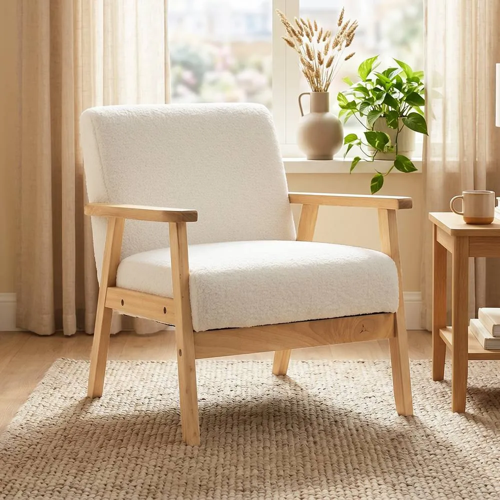 HOMCOM Accent Chair with Wood Frame Wide Seat Sherpa Fleece Armchair Cream in White 2