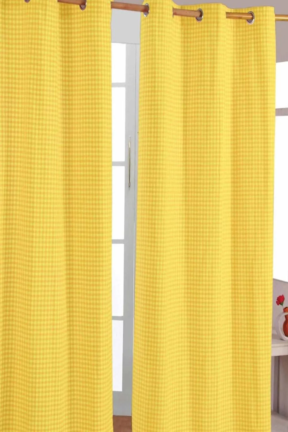 Homescapes Cotton Gingham Eyelet Curtain Pair in Yellow 1