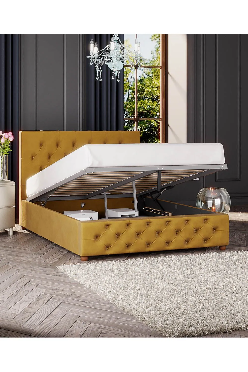 Laurence Llewelyn-Bowen Luna Ottoman Storage Bed in Plush Velvet Fabric, Custom Made in Mustard 2