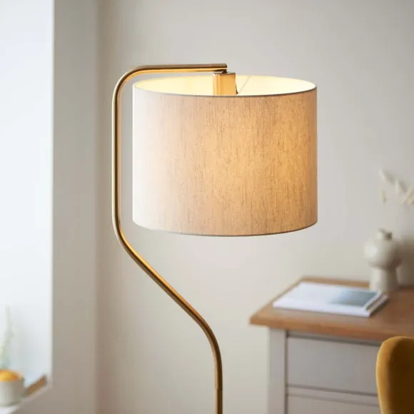 Endon Collection Clement Floor Lamp With Shade Br Aged Brass Plate Natural Linen Mix Fabric 1X E27, Gold 2