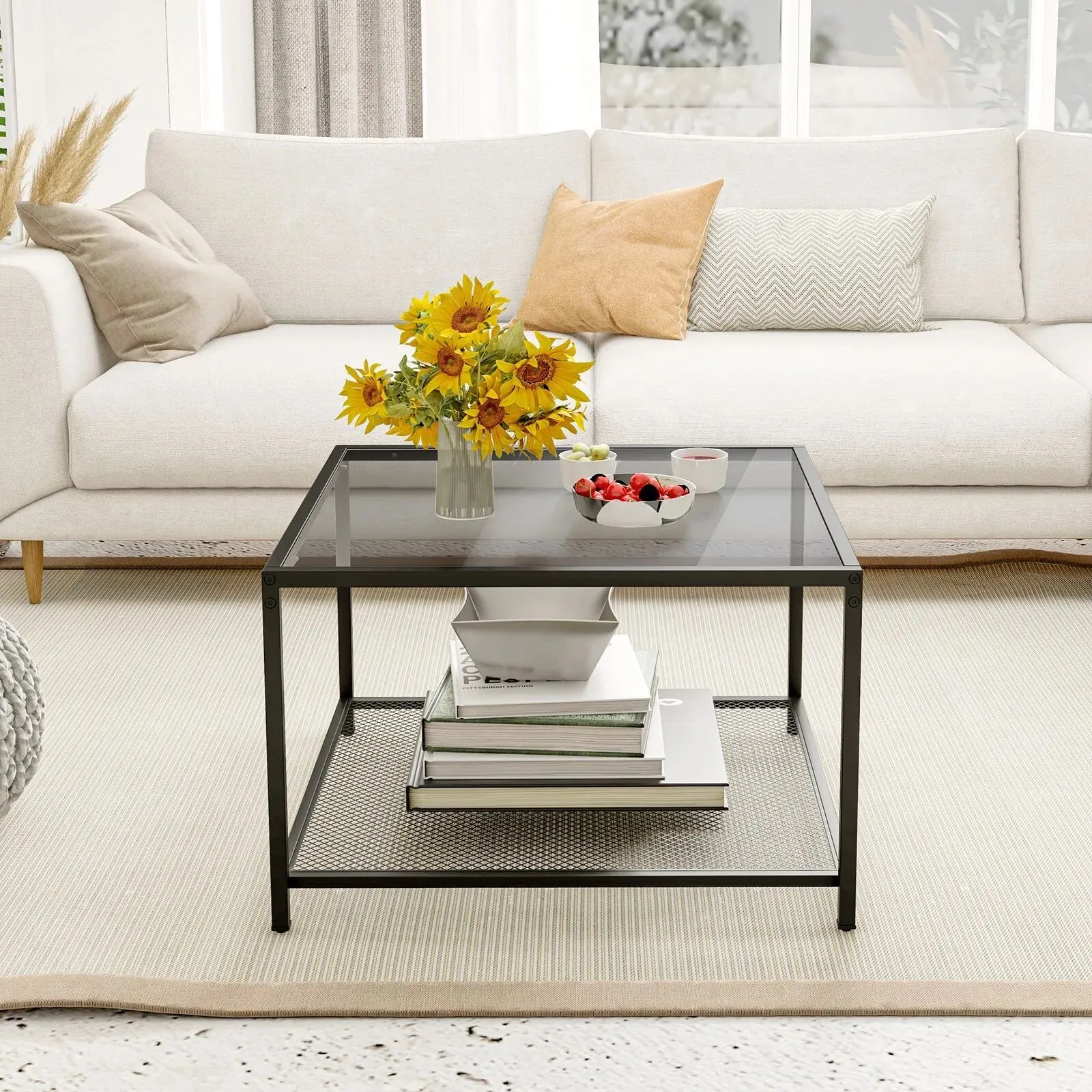 Costway Modern Glass Top Coffee Table Home Square Center Table Accent Sofa Side Table in Grey 4