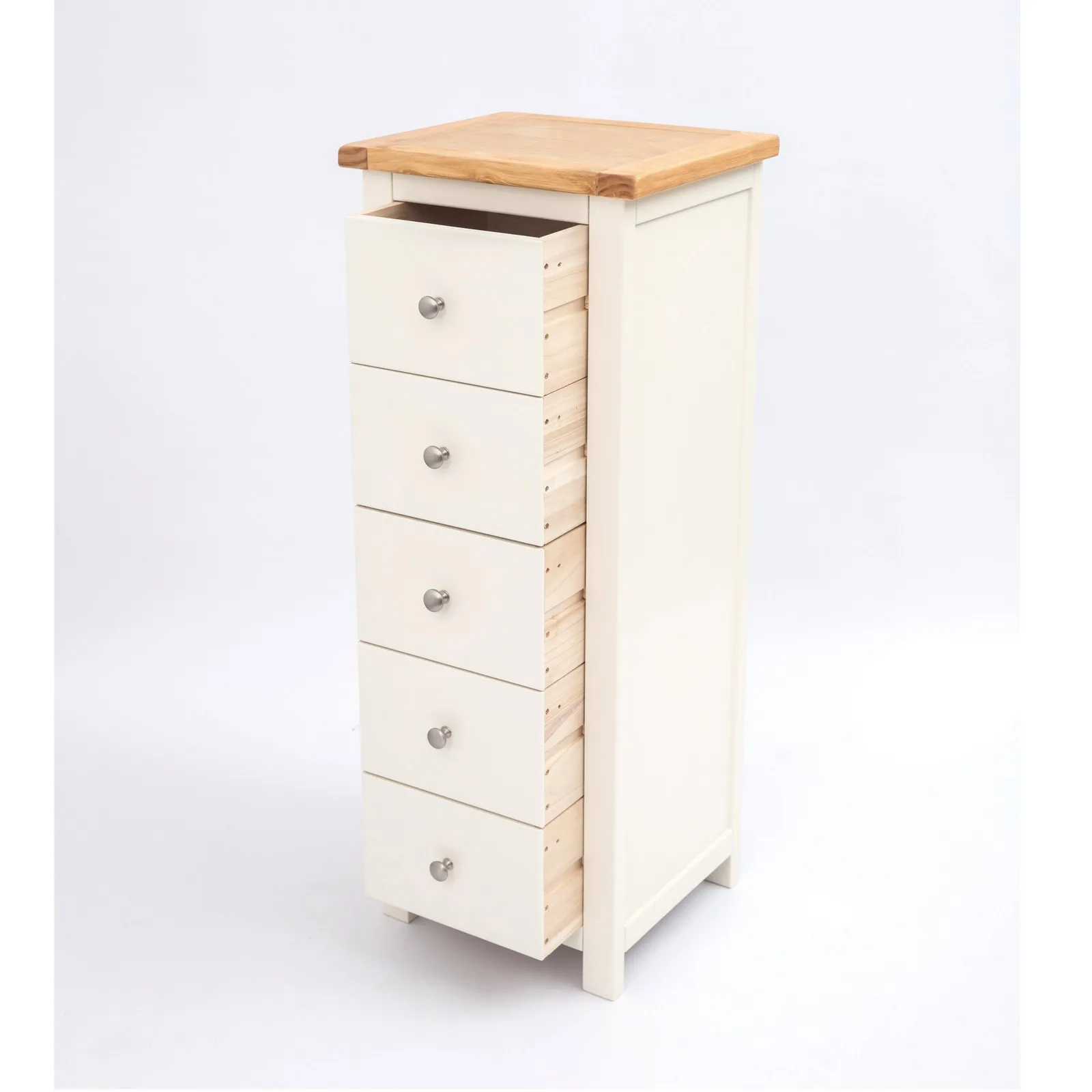 Cabinet Bits Maggiori 5 Drawer Narrow Chest of Drawers Chrome Knob in Off-White 4
