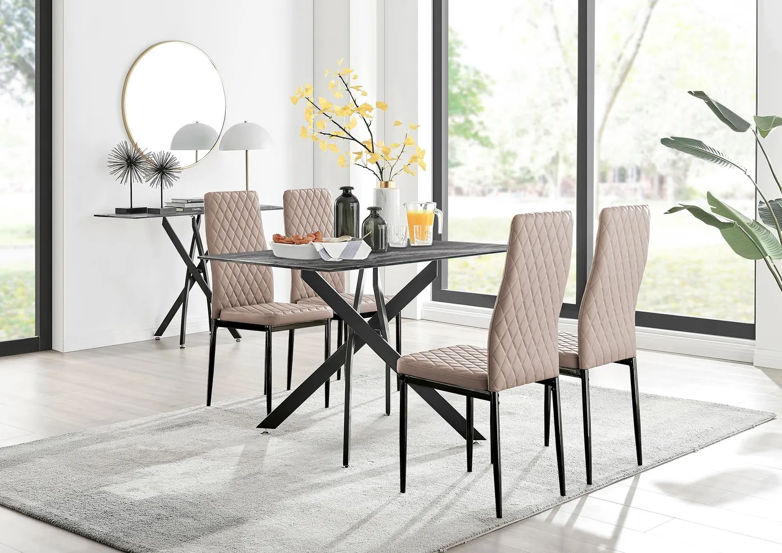 FurnitureboxUK Leonardo Grey Glass Marble Effect Black Leg Table & 4 Milan Black Leg Chairs in Beige 1