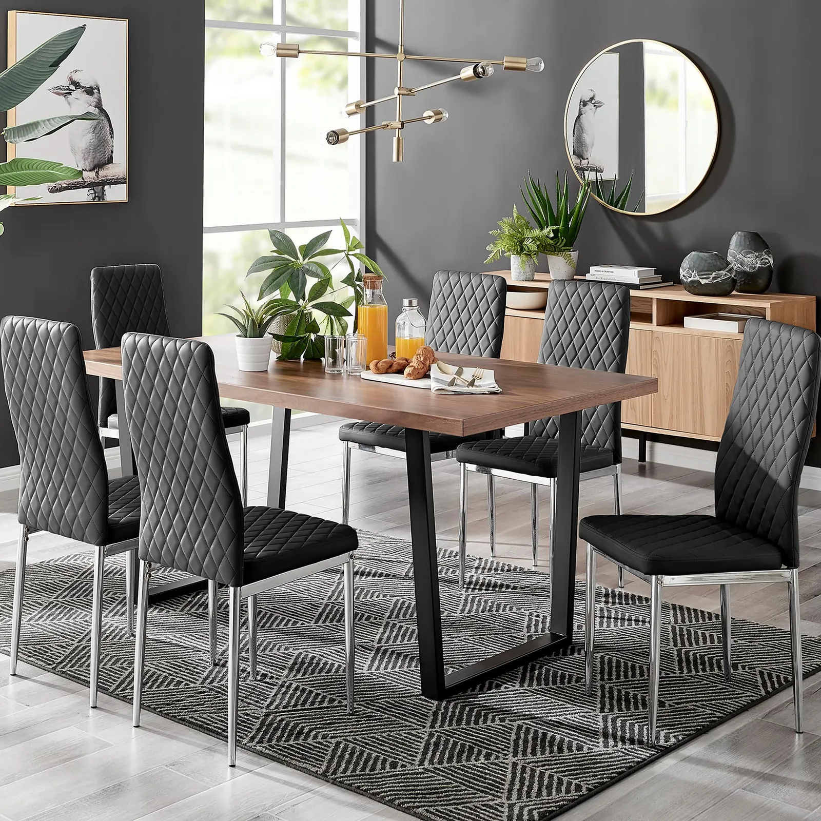 FurnitureboxUK Kylo Large Brown Wood Effect Dining Table & 6 Milan Chrome Leg Faux LeatherChairs in Black 1