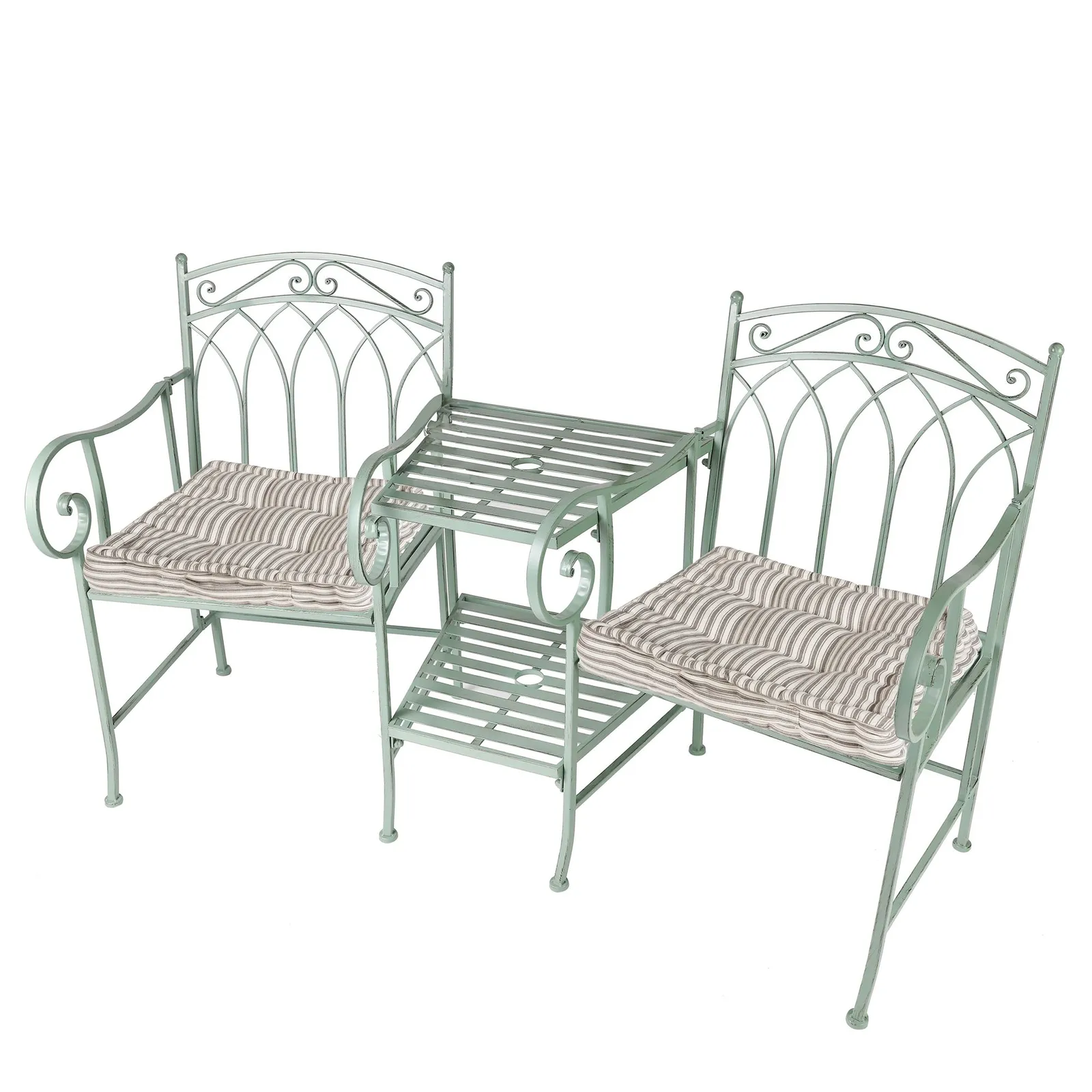 Dibor Vintage Green Arched Outdoor Garden Furniture Companion Seat Garden Bench with Free Set of 2 Grey Box Cushions