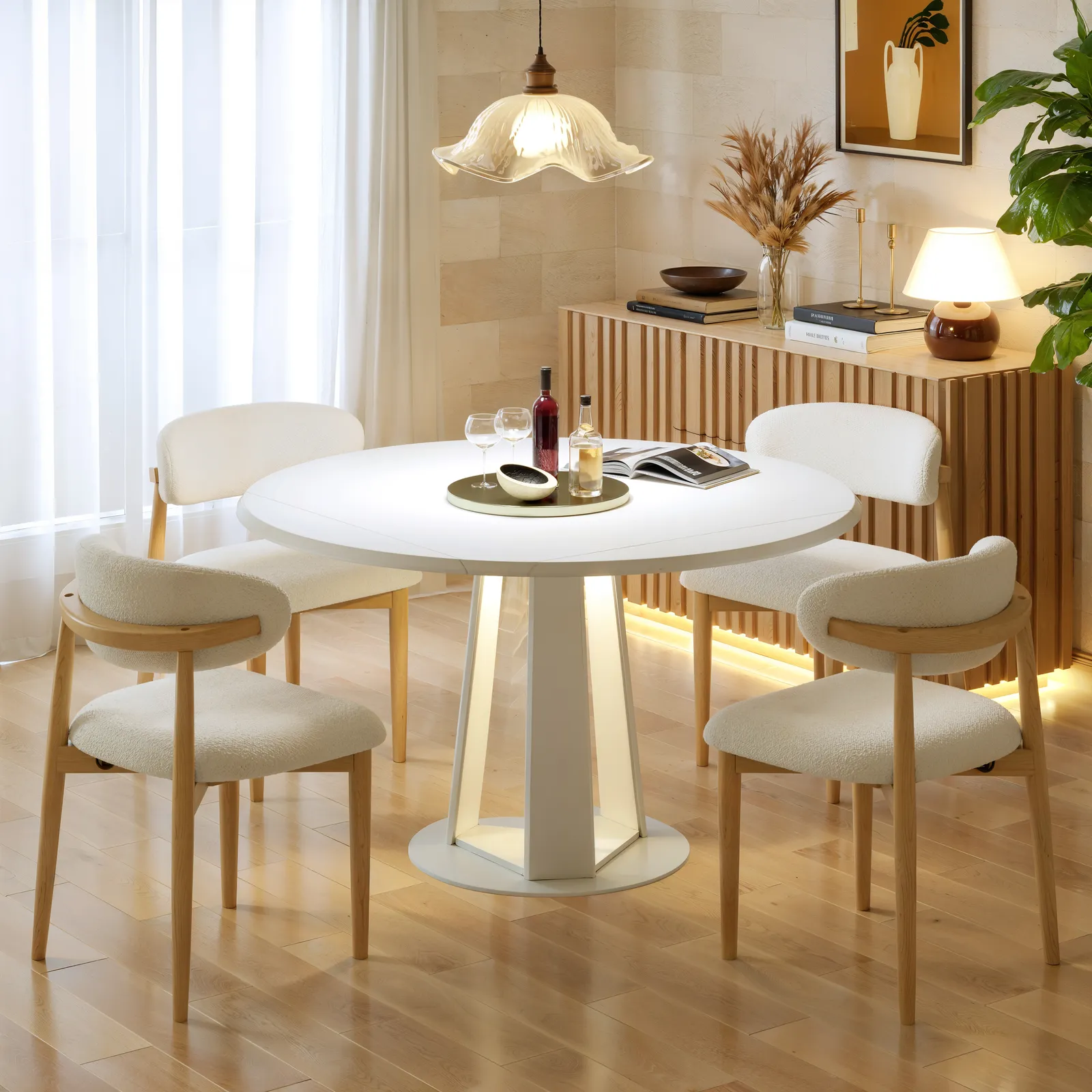90 - 120 cm Solid Wood Extendable Dining Table with Light