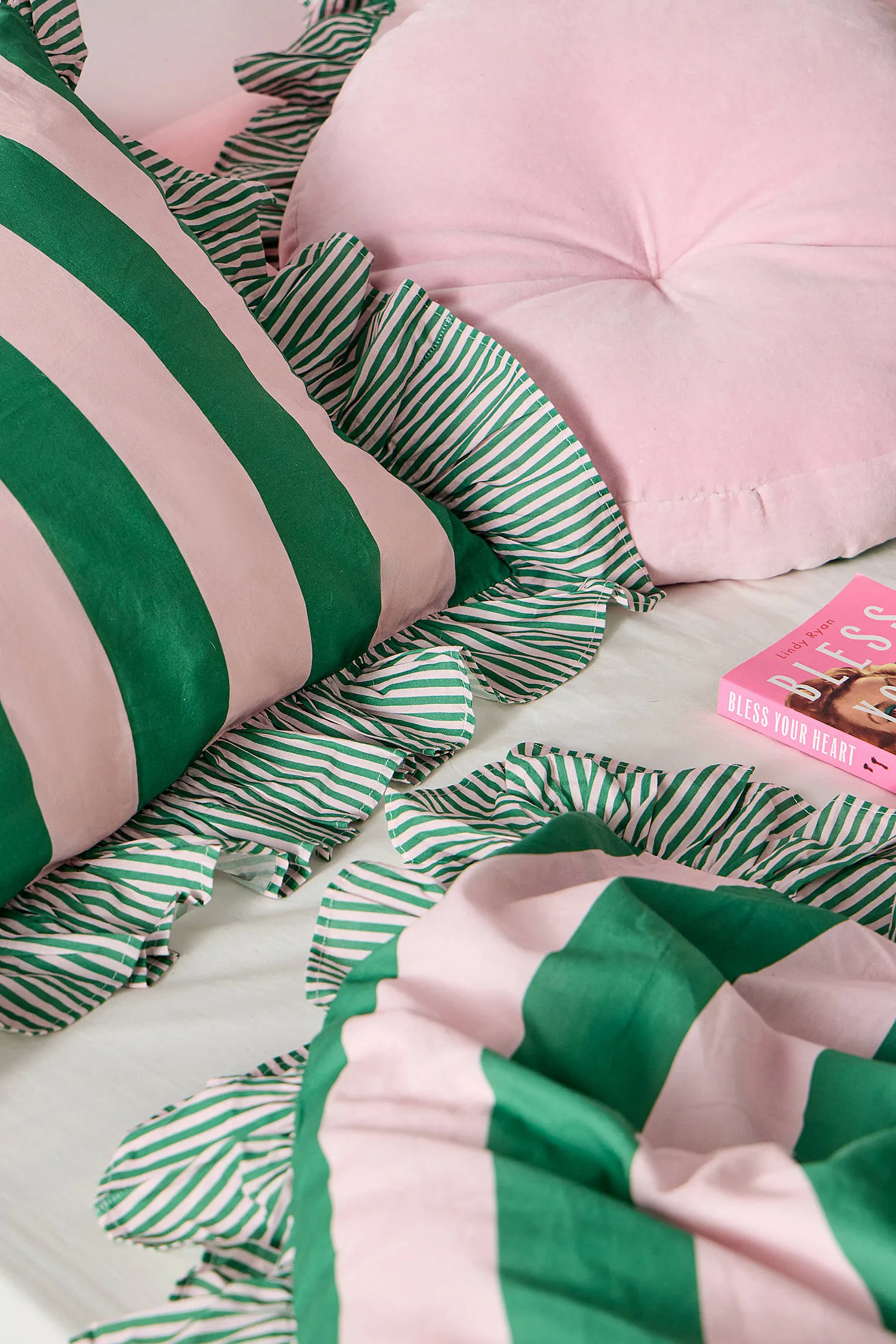 Pink & Green Stripe Ruffle Duvet Set 5