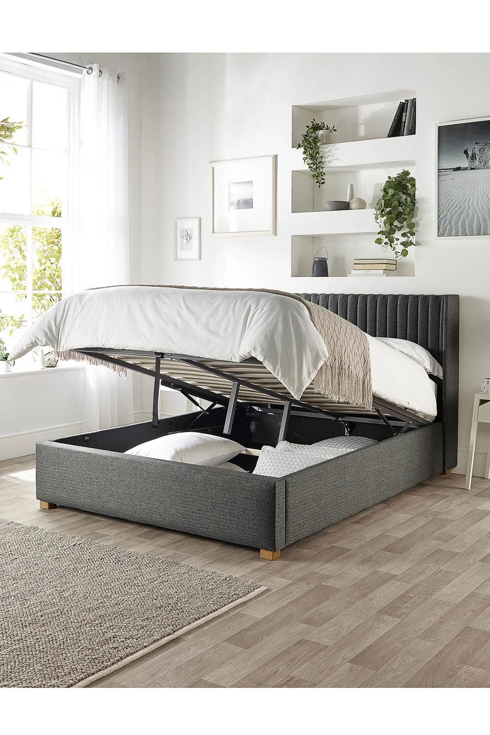 Catherine Lansfield Soho Ottoman Storage Wing Bed in Saxon Twill Fabric, Custom Made in Charcoal 3