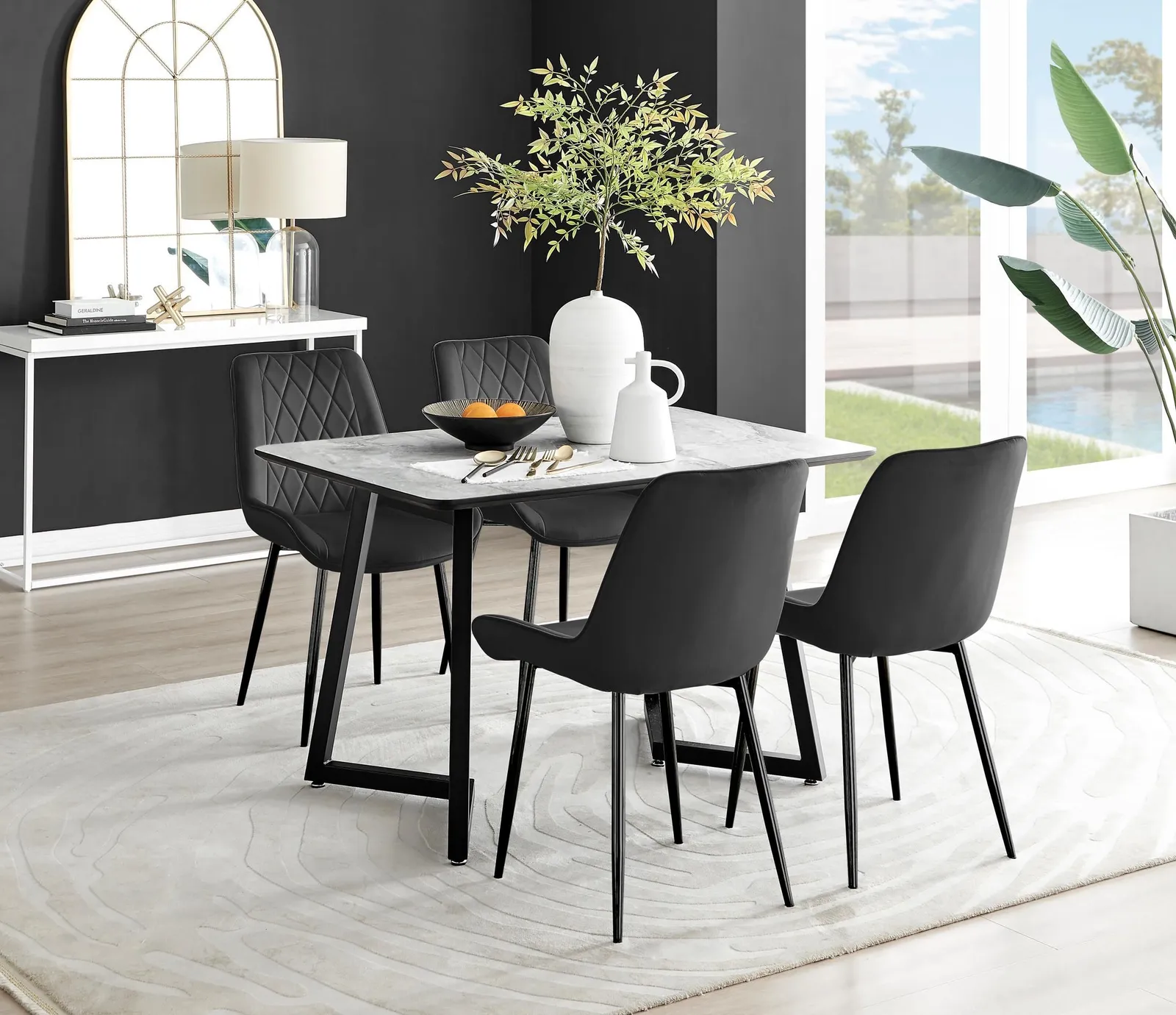 FurnitureboxUK Carson White Marble Effect Dining Table & 4 Pesaro Black Leg Chairs 1