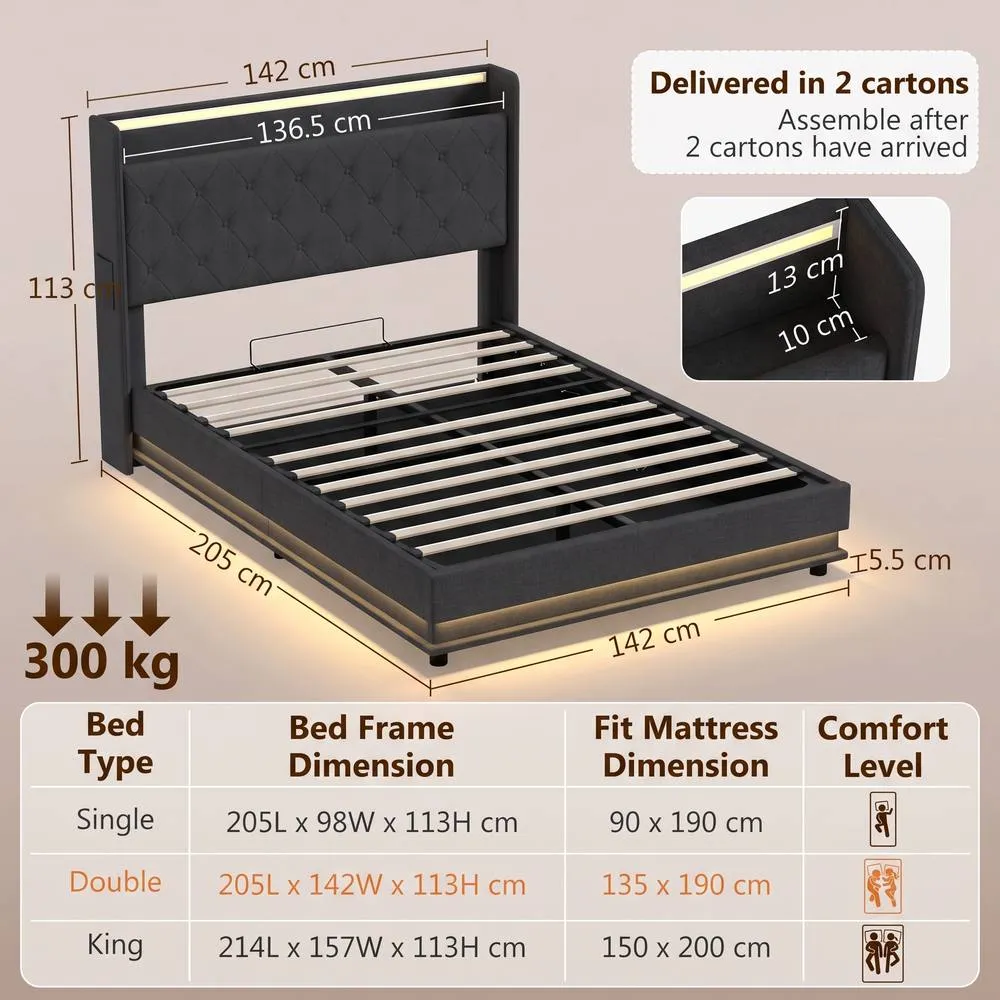 HOMCOM Lift up Storage Bed Frame with RGB LED Lights, 135 x 190cm, Black 3