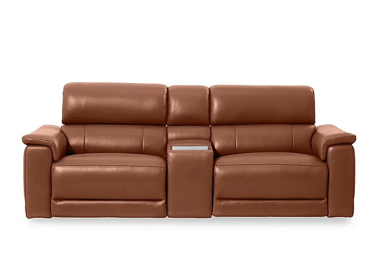 Genius Leather 3 Seater Power Recliner Media Sofa with Power Headrests, Power Lumbar and Heated Seats - Montana Butterscotch
