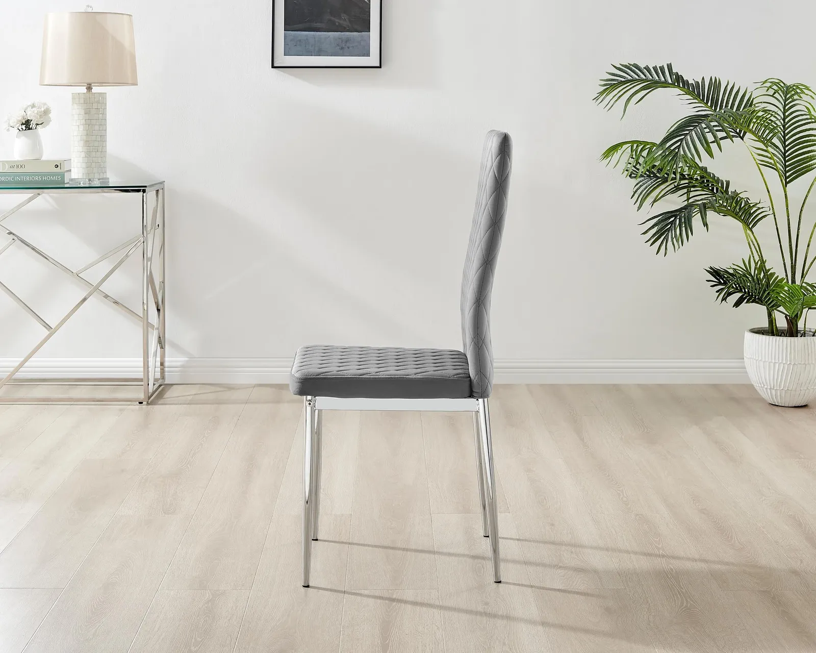 FurnitureboxUK Set of 4 Milan High Back Soft Touch Diamond Pattern Velvet Dining Chairs With Silver Chrome Metal Legs in Grey 5