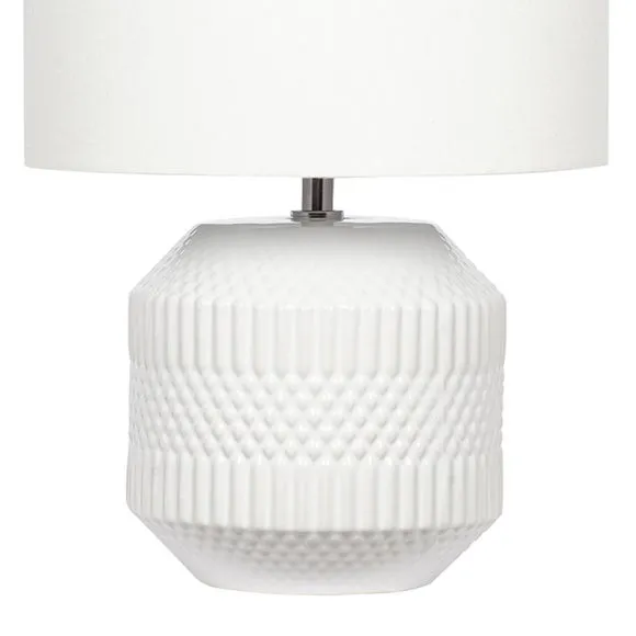 White Embossed Geo Ceramic Table Lamp, White 4