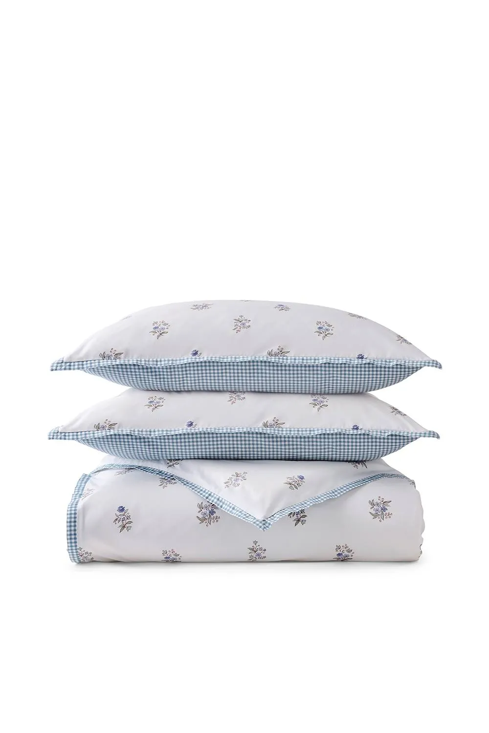 CHRISTY 'Guernsey' Floral Check Reversible Cotton Percale Duvet Cover Set in Blue 3