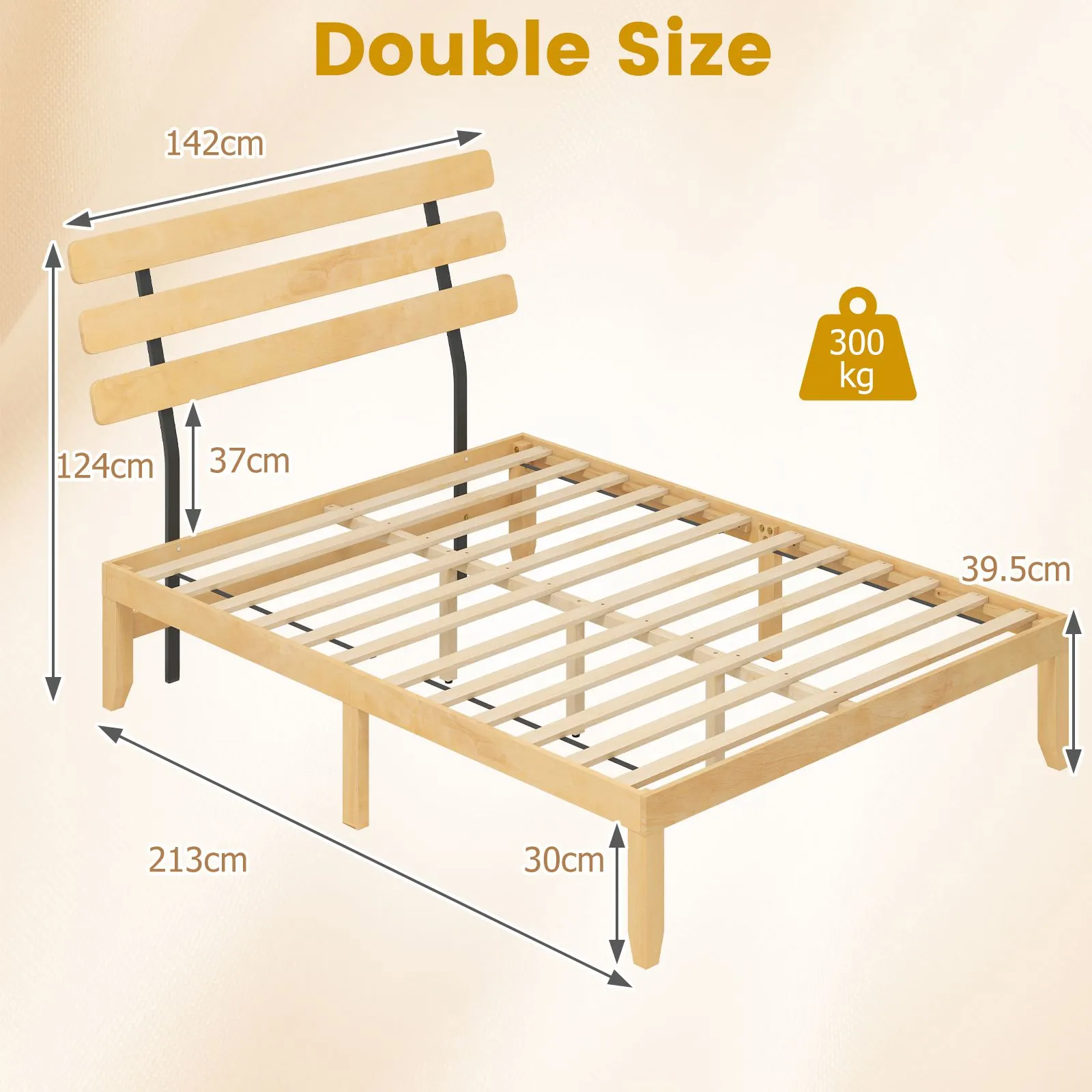 Costway Double Size Bed Frame Solid Wood Platform Bed w/ Retro Headboard in Natural 3