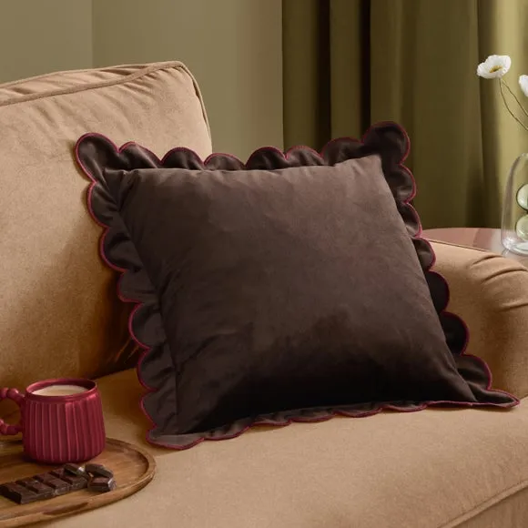Furn Lil Scallop Velvet Cushion Chocolate/Burgundy 45 X 45Cm, Brown