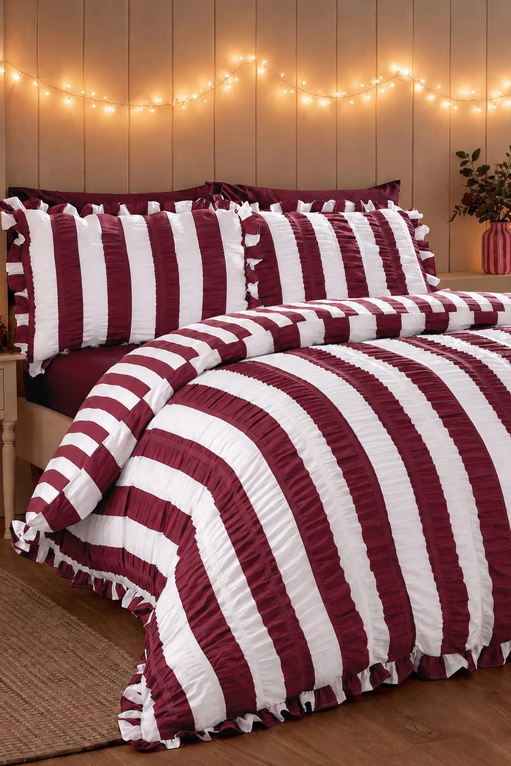 Catherine Lansfield 'Seersucker Frill Stripe' Duvet Cover Set in Plum 1