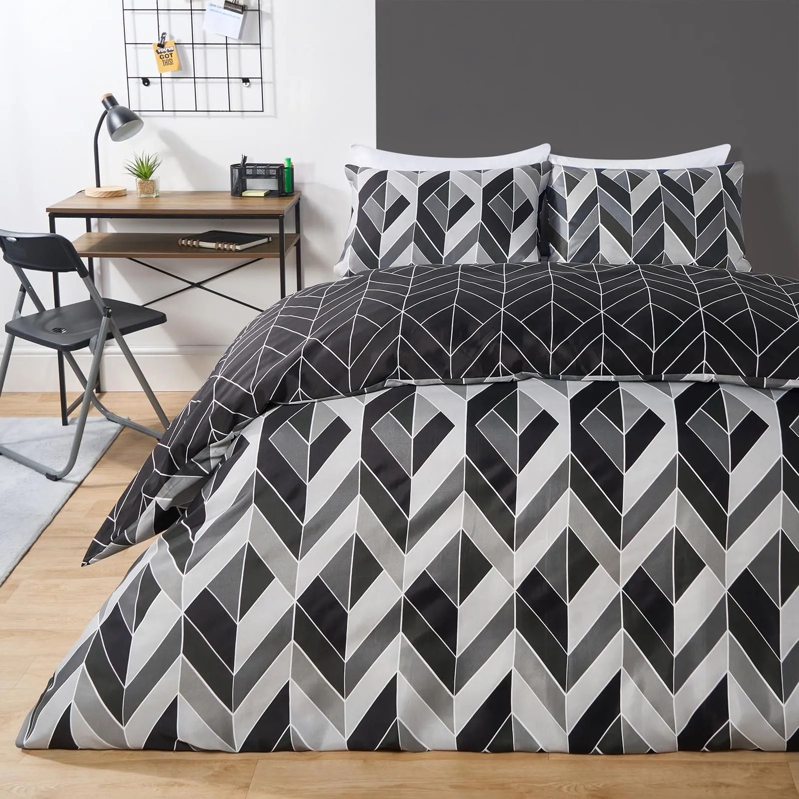 OHS Geo Duvet Cover Bedding Set Pillowcase Reversible Quilt Soft Chevron in Light Grey