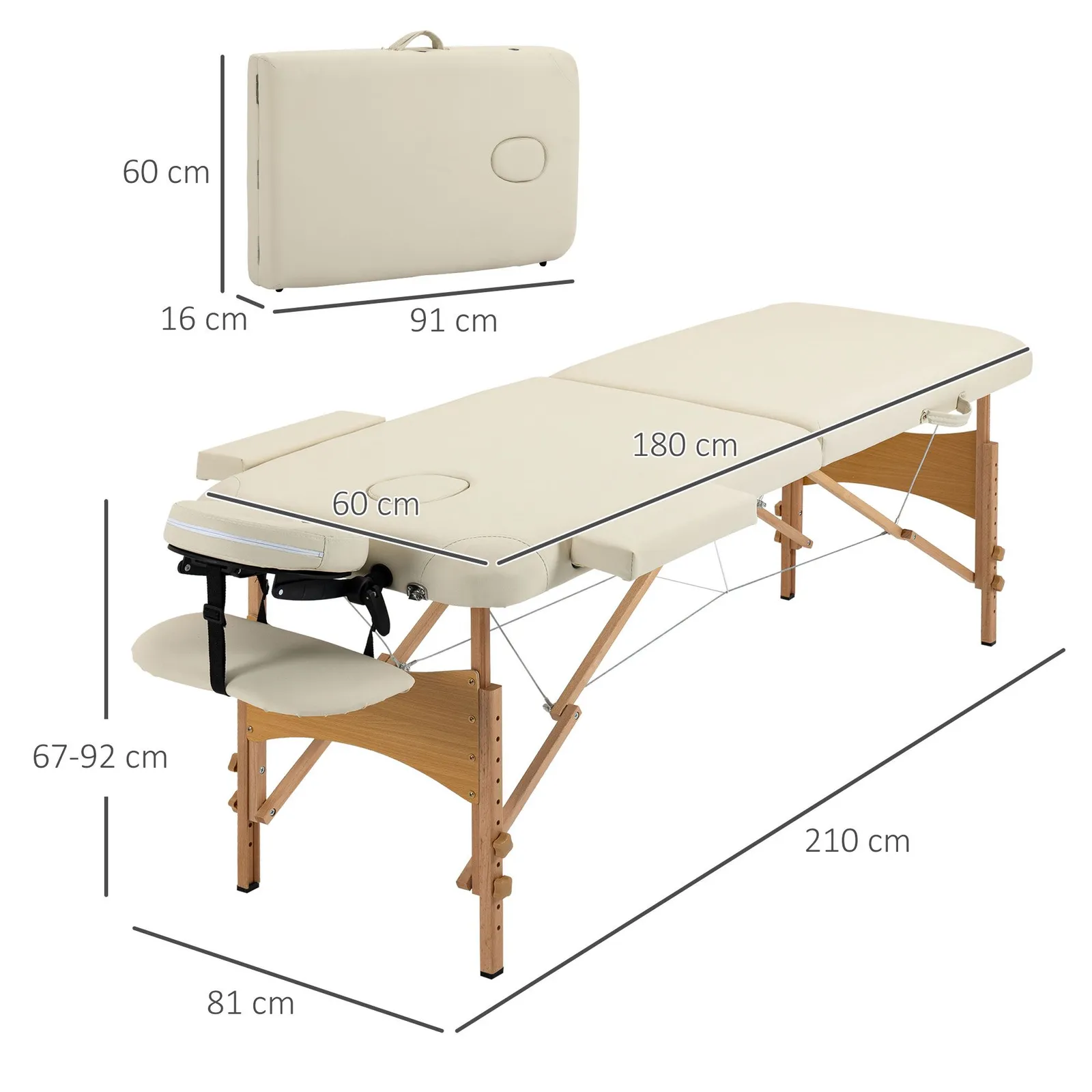 HOMCOM Wooden Folding Spa Beauty Massage Table w/ 2 Sections, Carry Bag in Cream 3