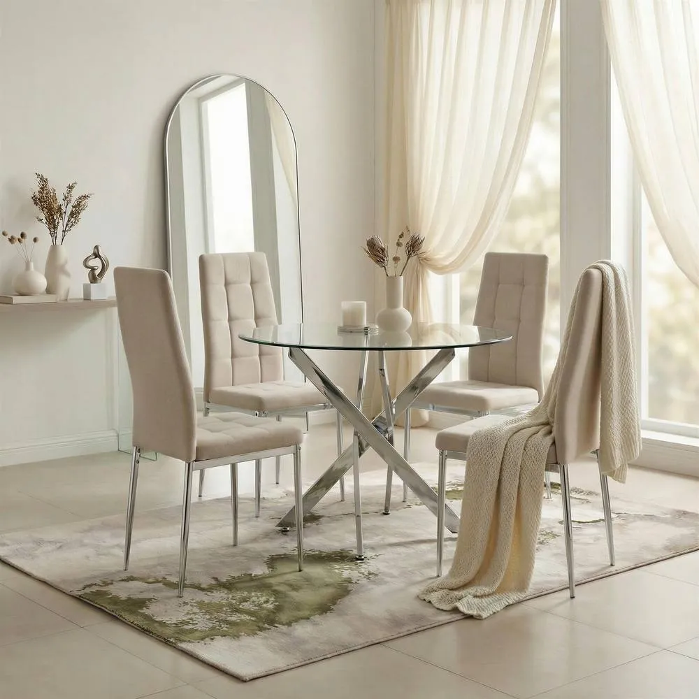 FurnitureboxUK Novara Glass & Chrome Round Dining Table with 4 Cream Paloma Chairs