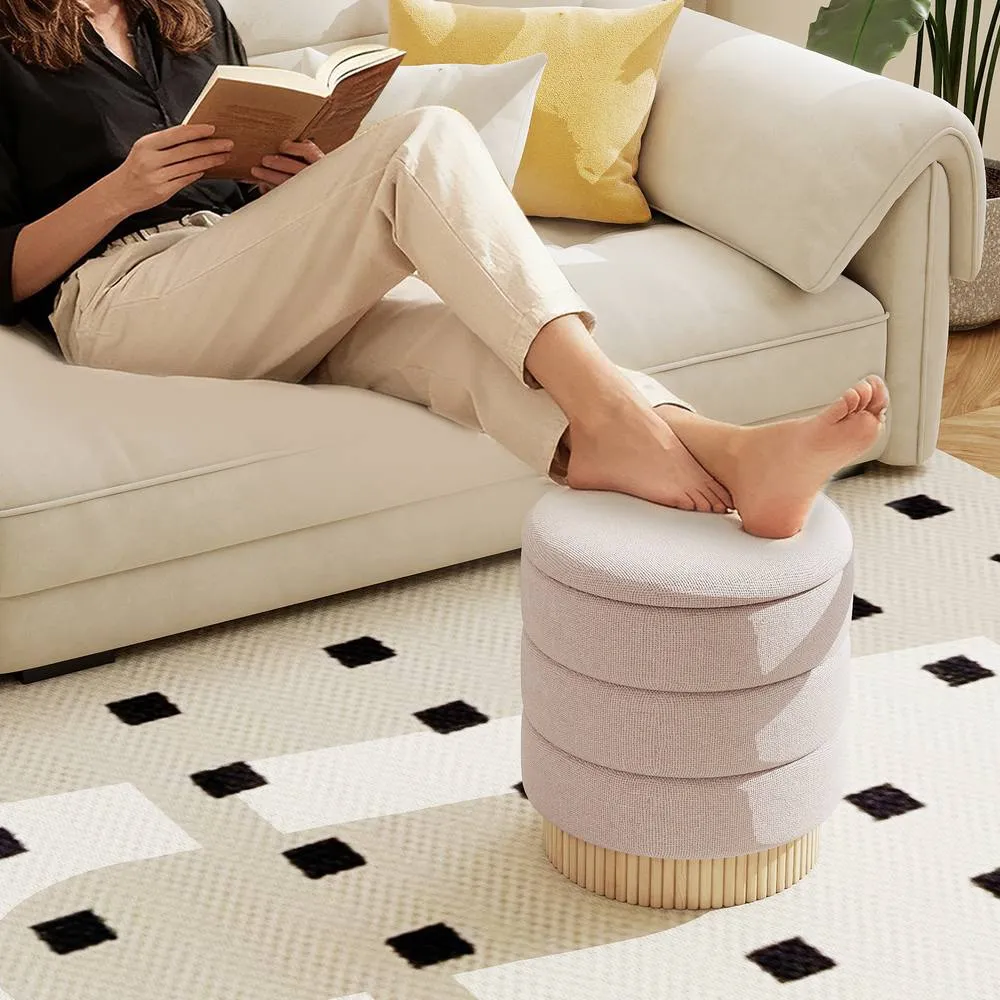 Costway Modern Round Storage Ottoman Upholstered Chenille Foot Stool W/ Lid in Beige 4