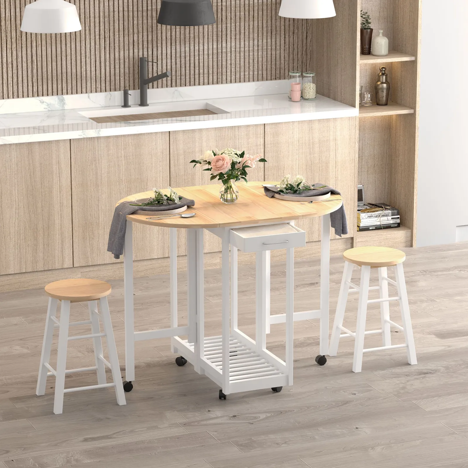 HOMCOM 3pc Wooden Kitchen Cart Mobile Rolling Trolley Folding Stools Wheels in White 4