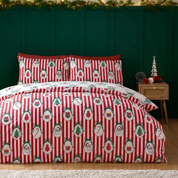 Catherine Lansfield Christmas Vintage Stripe Polycotton Duvet Cover & Pillowcase Set