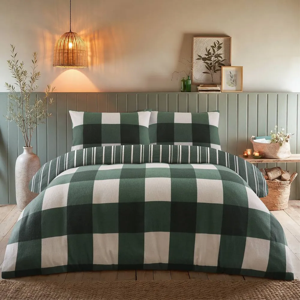 Portfolio Home Glenmore Check Brushed Cotton Reversible Duvet Cover Set Bedding in Green 1