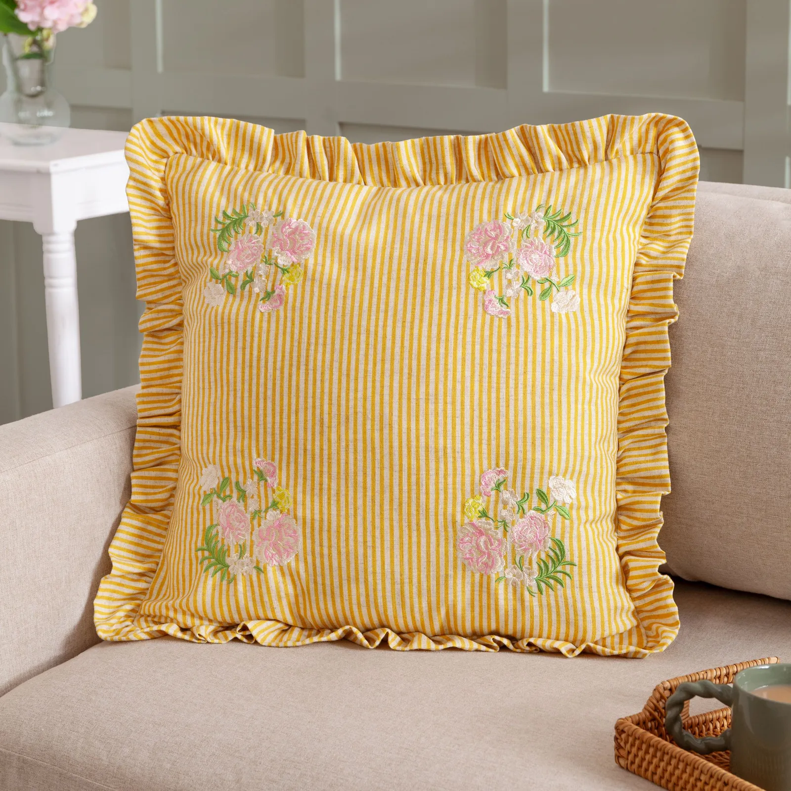 Wylder Martha Embroidered Ruffle Cushion in Yellow 1