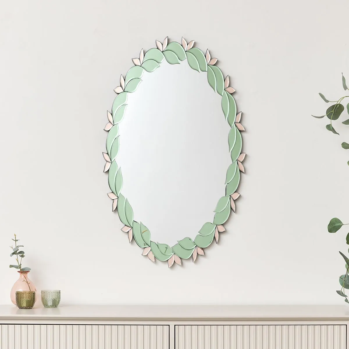 Melody Maison Pink & Green Oval Floral Art Deco Wall Mirror 80cm X 49cm