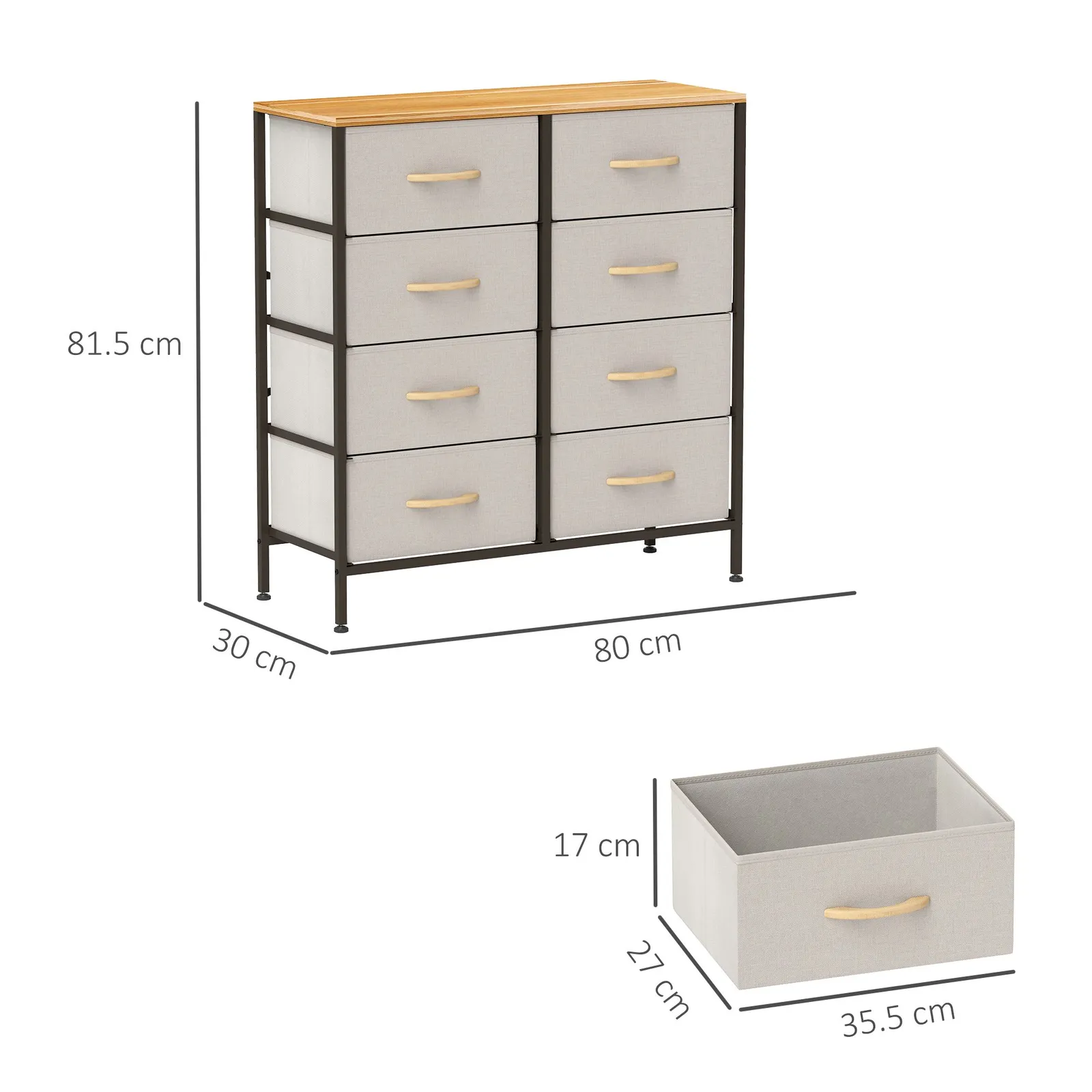 HOMCOM 8 Drawer Fabric Chest of Drawers w/ Wooden Top for Hallway Cream in Off-White 3