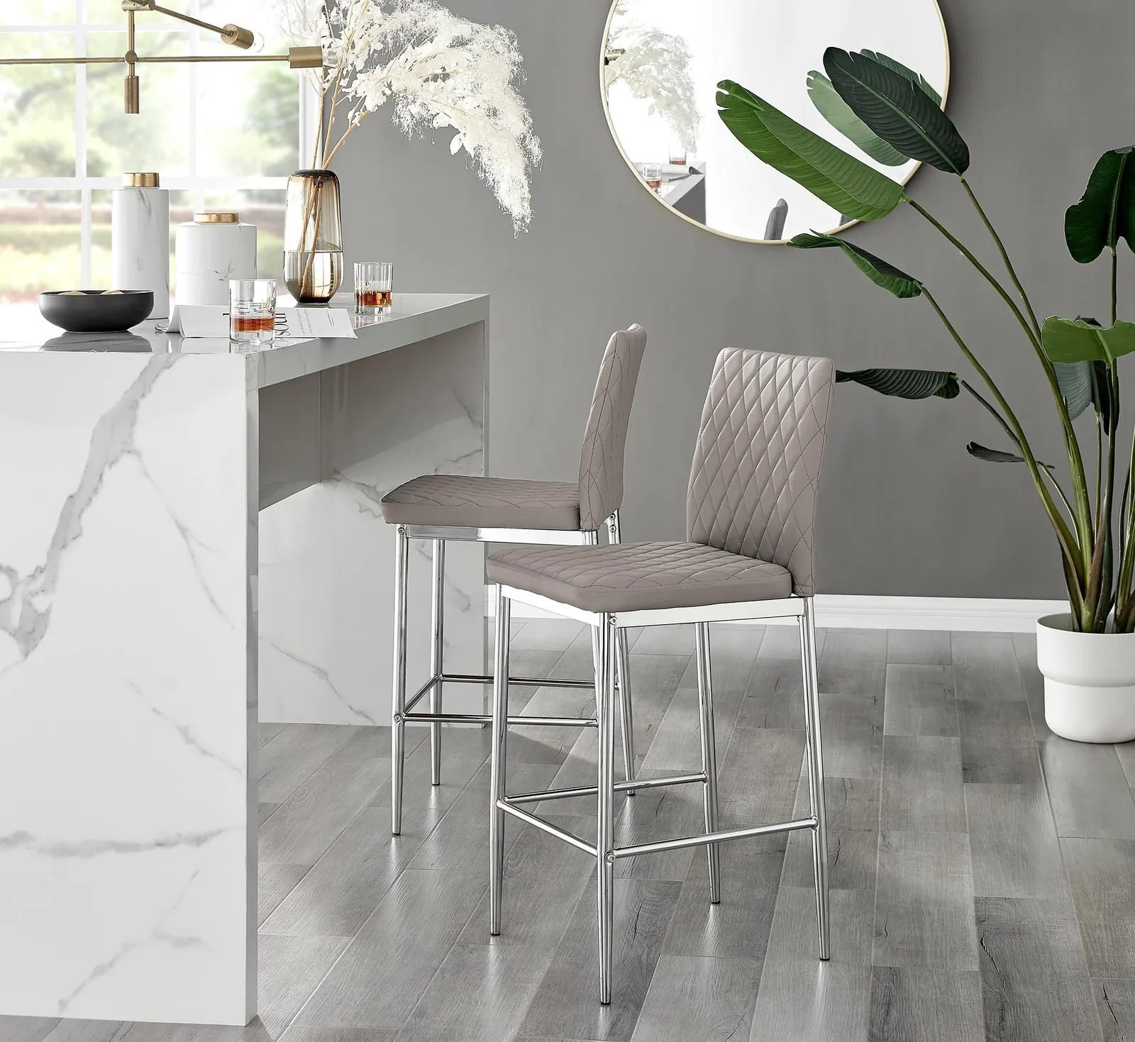 FurnitureboxUK Set of 2 Milan Hatched Faux Leather Padded Counter Stools With Silver Chrome Metal Legs in Beige 2