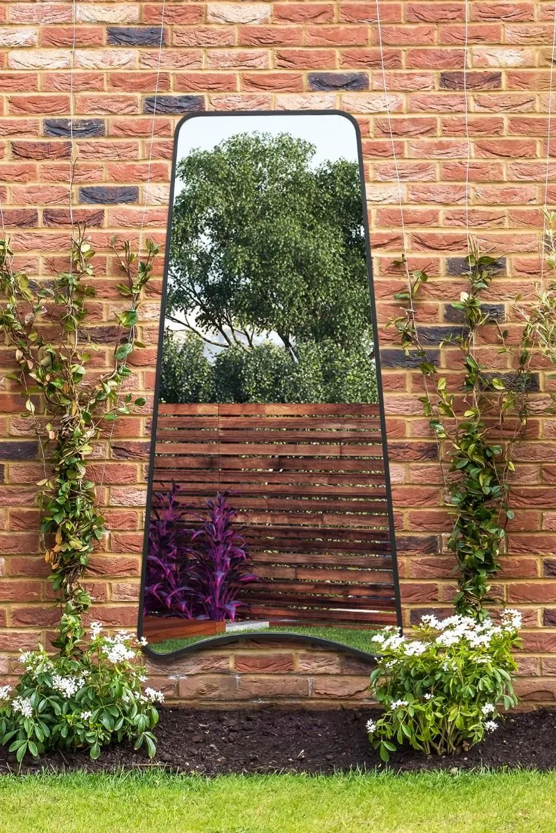 MirrorOutlet Black Metal Trapezoid Shape Framed Garden Wall Mirror (200CM X 95CM)